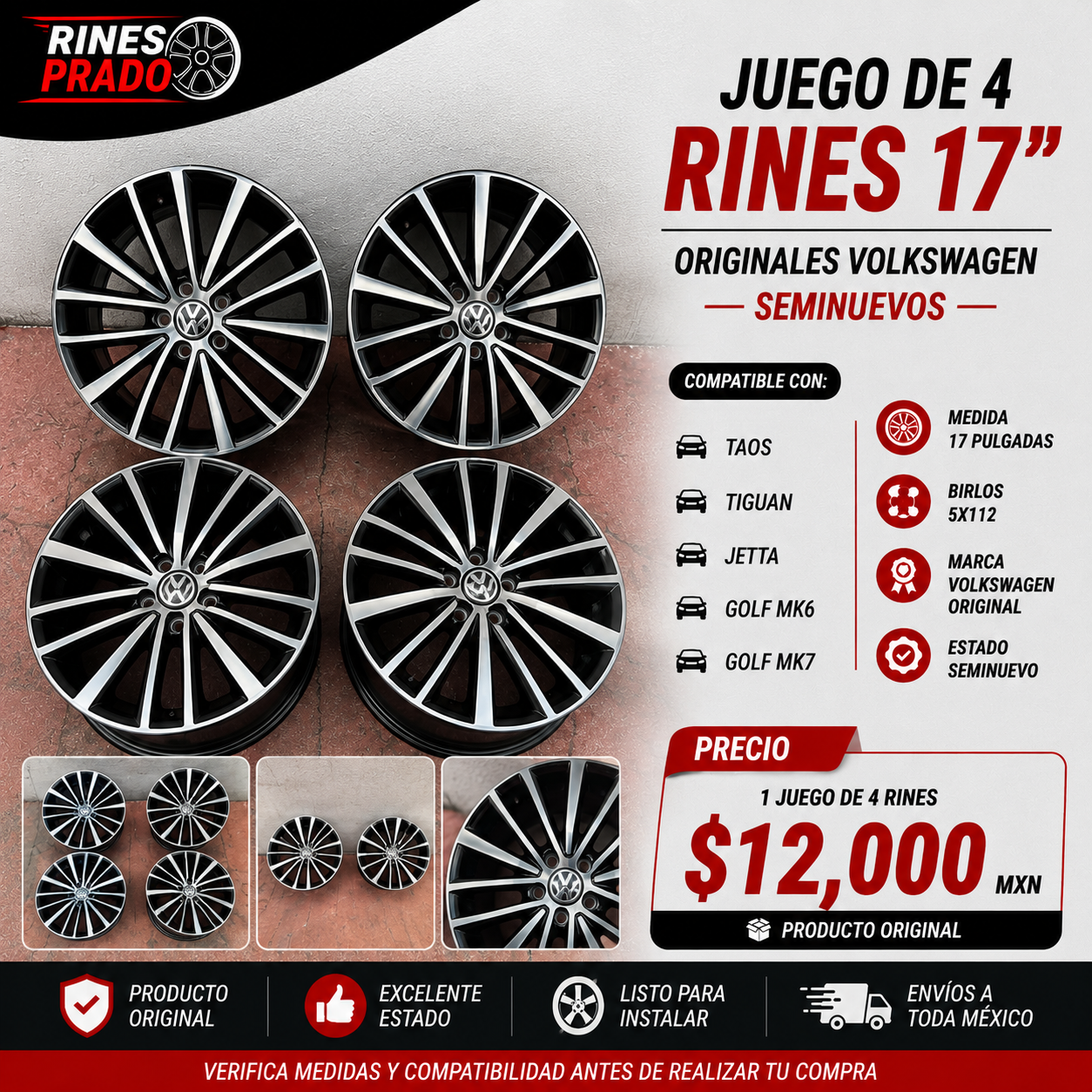 Juego de 4 Rines Volkswagen Originales 17" | Taos, Tiguan, Jetta, Golf MK6 y MK7