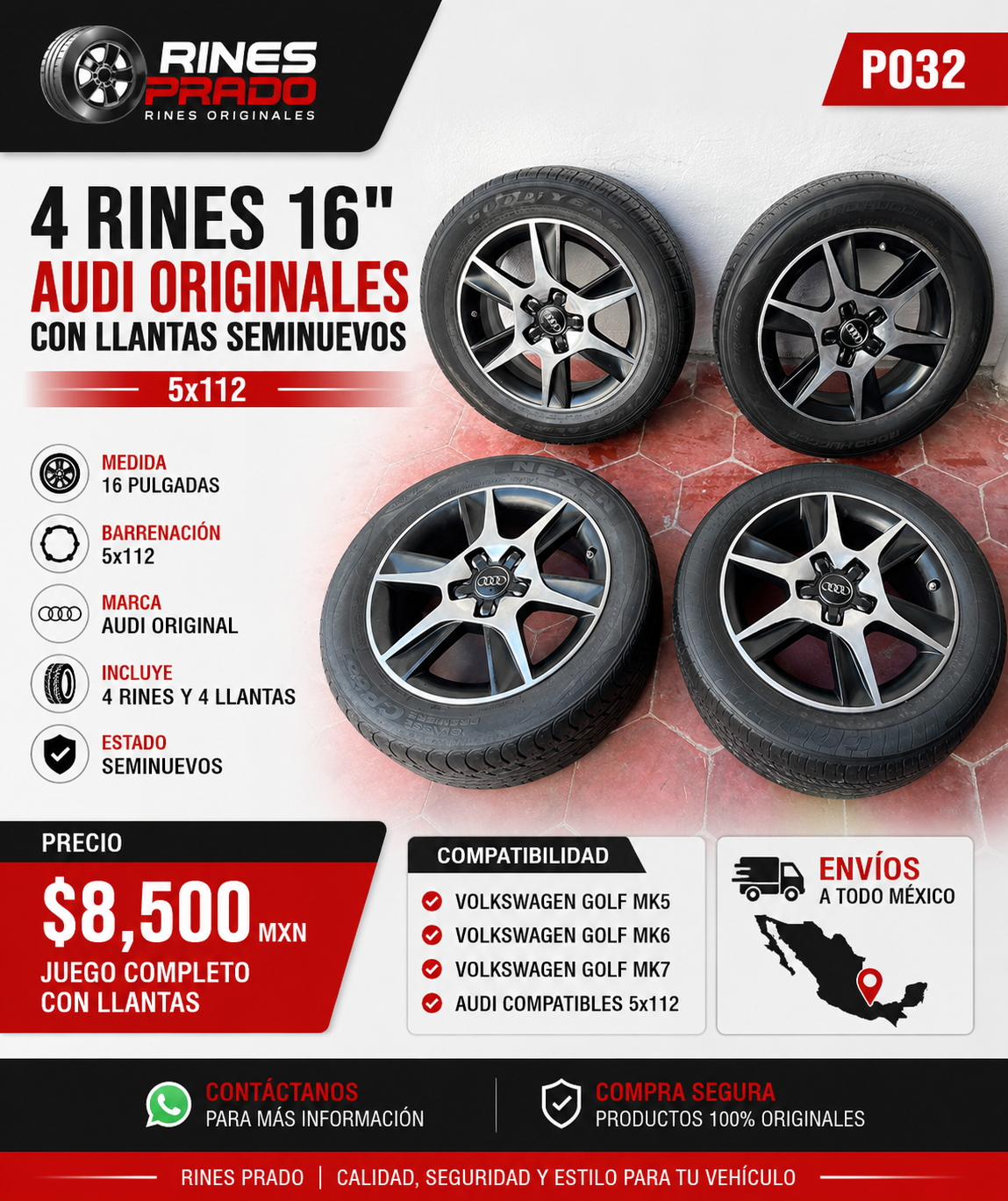 4 Rines 16" Audi Originales con Llantas Seminuevos Golf MK5 MK6 MK7 5x112