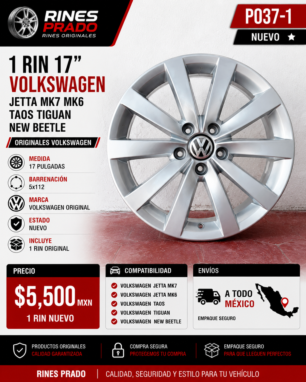 1 Rin 17" Volkswagen Jetta MK7 MK6 Taos Tiguan New Beetle Original 5x112 Nuevo