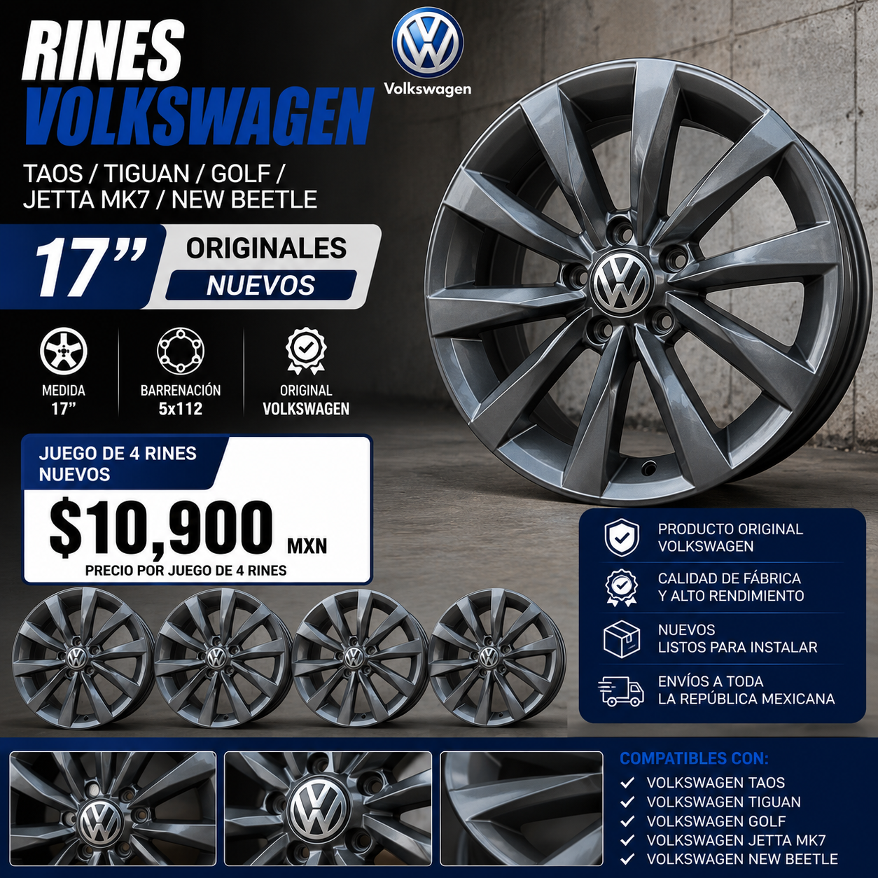 Rines Volkswagen Taos Tiguan Golf Jetta MK7 New Beetle 17" Originales Nuevos | Juego de 4