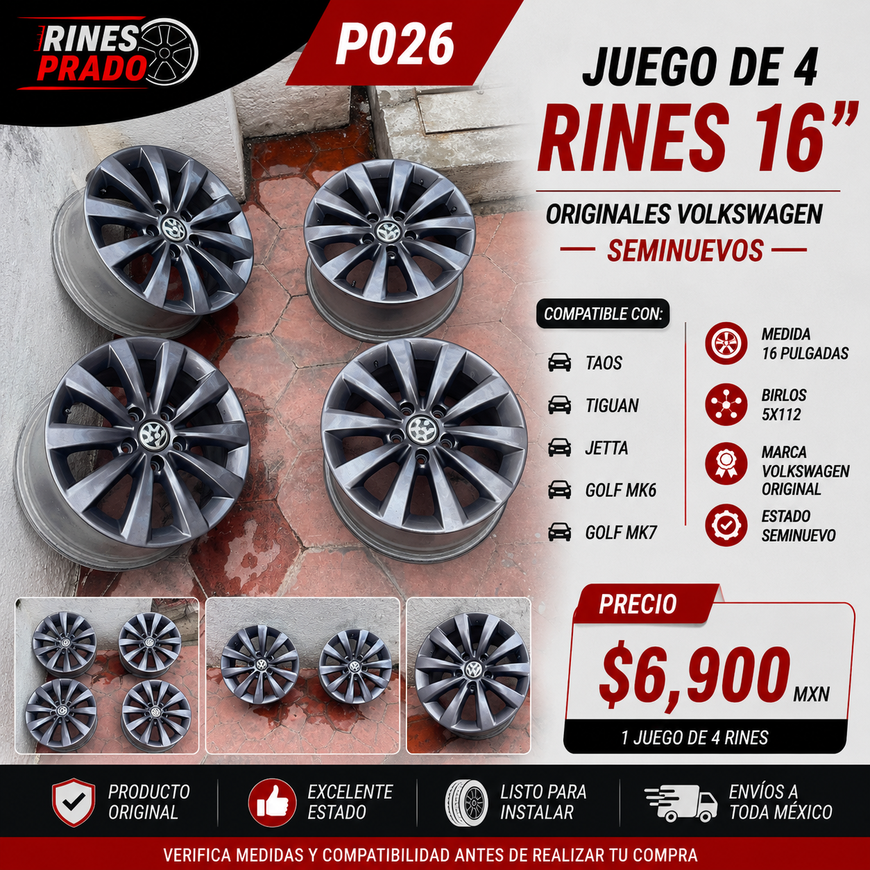 Juego de 4 Rines Originales Volkswagen 16" Taos Tiguan Jetta Golf MK6 MK7 5x112 Seminuevos