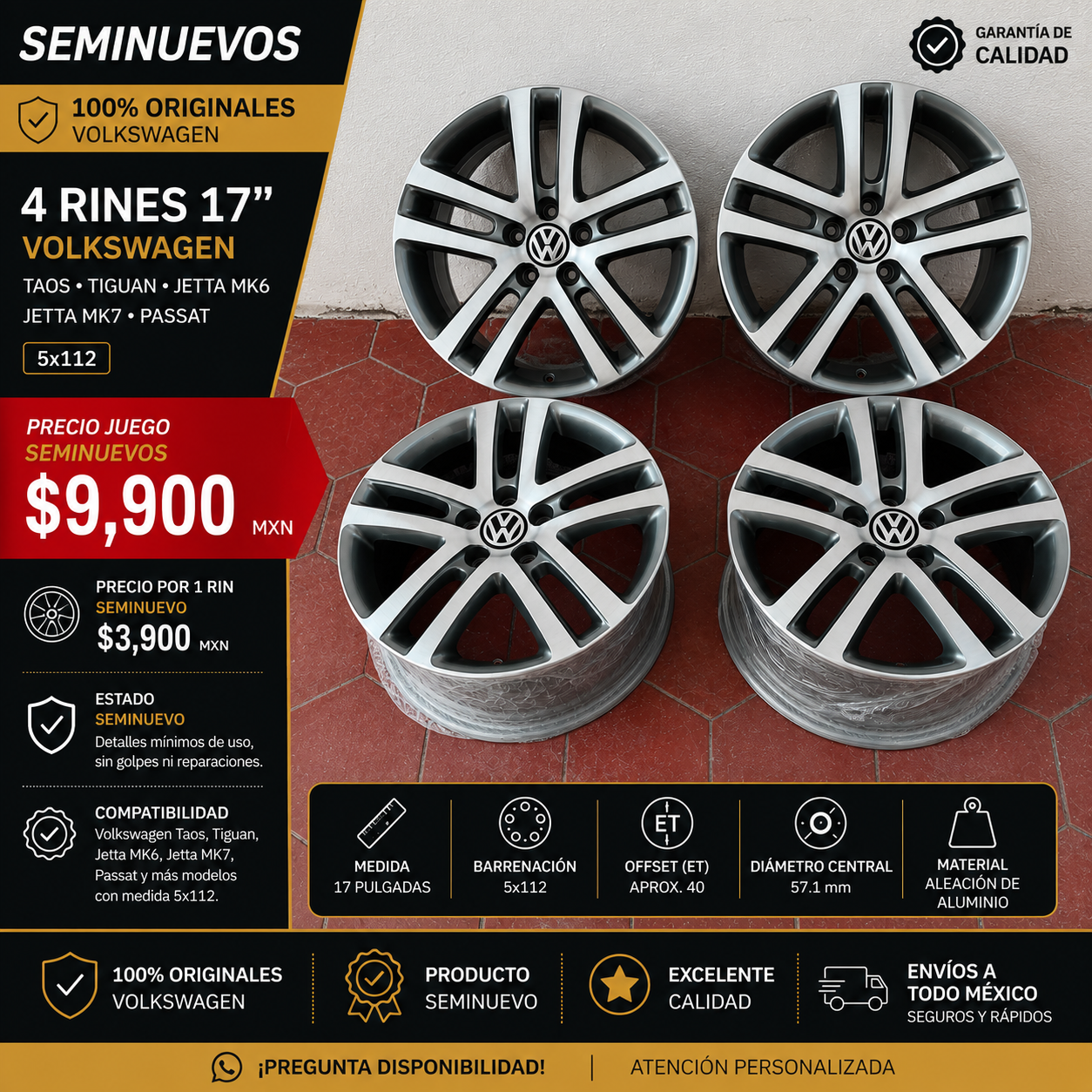 4 Rines 16" Volkswagen Golf Jetta MK6 MK7 Originales 5x112 Seminuevos
