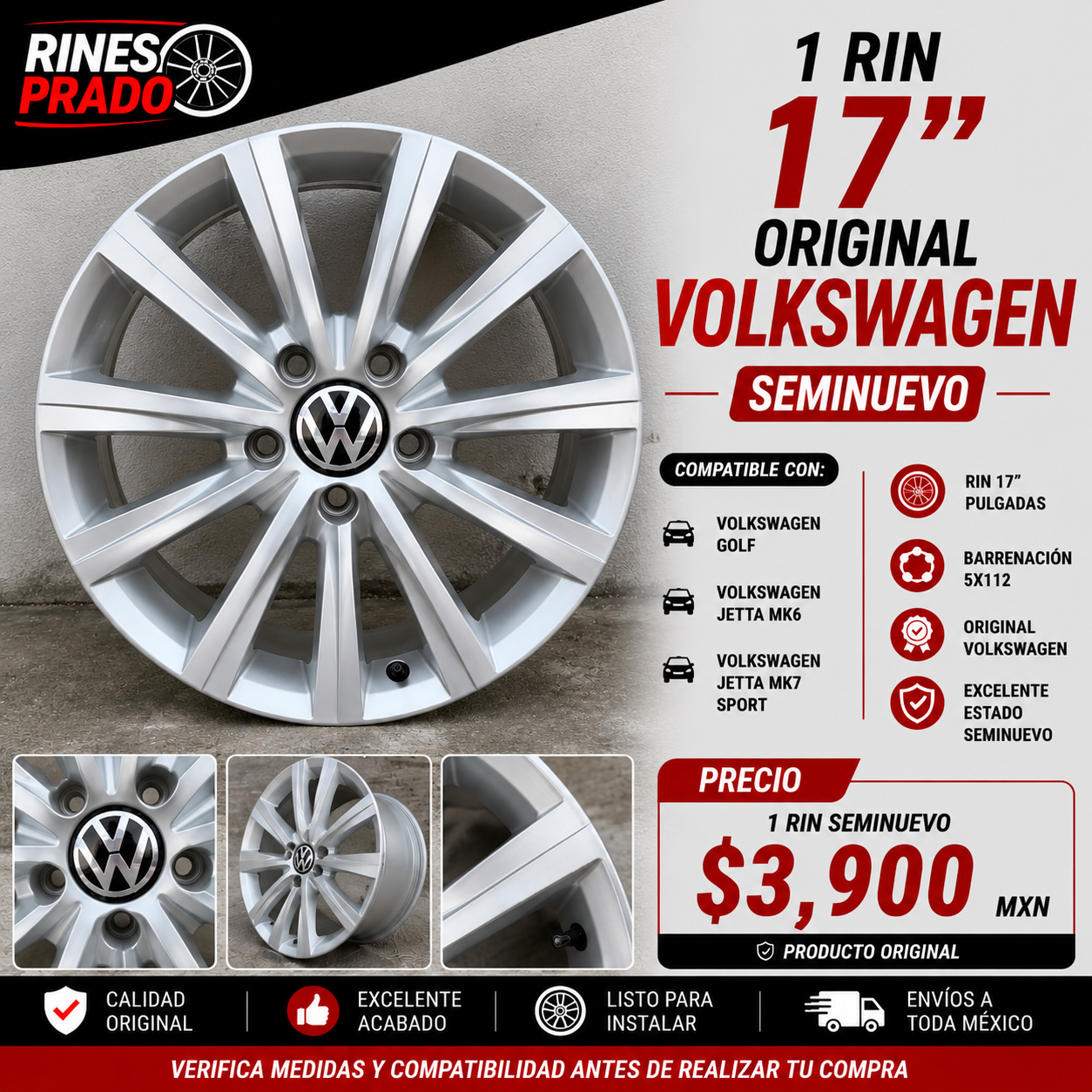 1 Rin 17" Original Volkswagen Golf / Jetta MK6 / Jetta MK7 Sport – Seminuevo