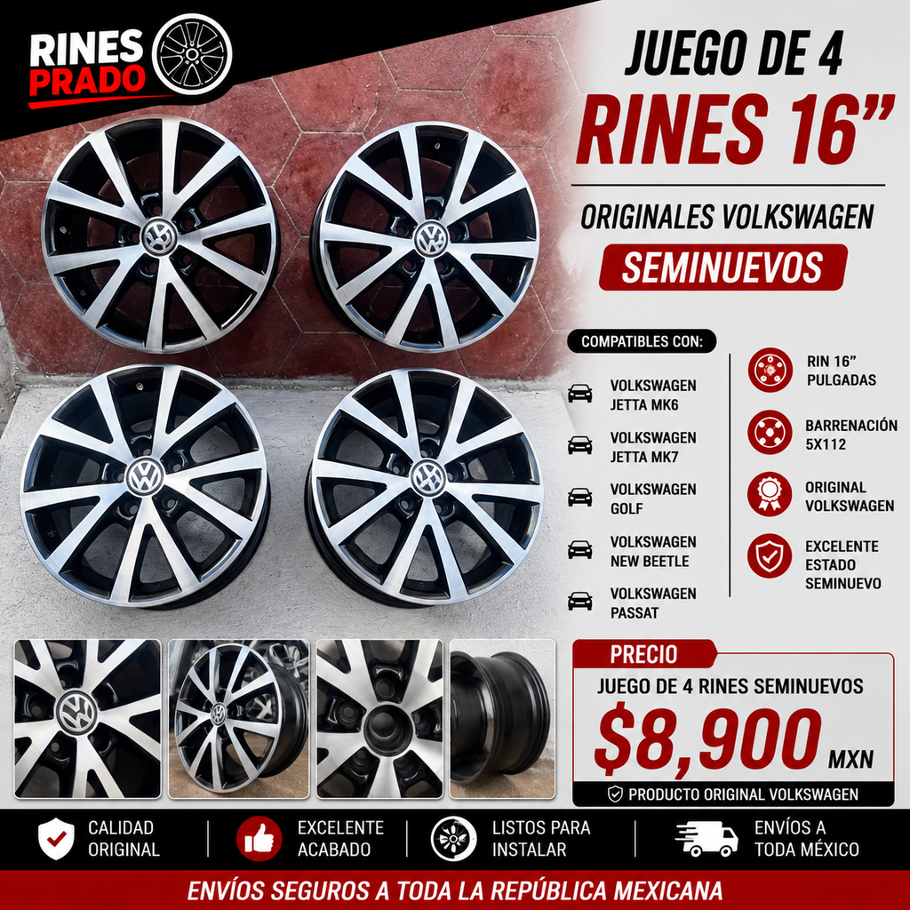 4 Rines 16" Volkswagen Jetta MK6 MK7 Golf New Beetle Passat Originales 5x112 Seminuevos