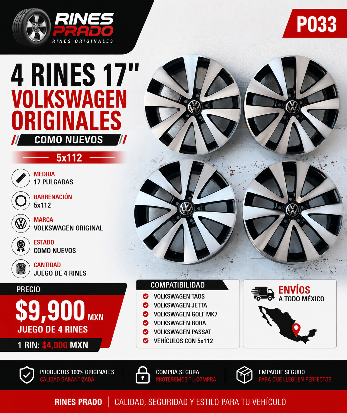 4 Rines 17" Volkswagen Taos Jetta Golf MK7 Bora Passat Originales 5x112 Como Nuevos